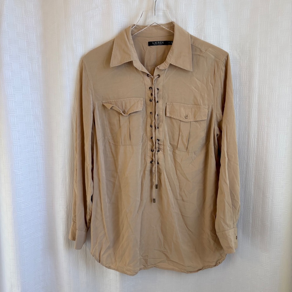 Lauren Ralph Lauren Tan Lace Up Utility Blouse 1X Safari Top Khaki Sand